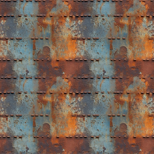 rust orange, steel blue, weathered metal, industrial texture, oxidized surface, riveted panels, distressed finish, grunge pattern, metallic patina, corroded steel, vintage machinery, aged iron, quilting cotton, fabric panel, steampunk aesthetic, urban decay, textural design, copper accents, blue-gray tones