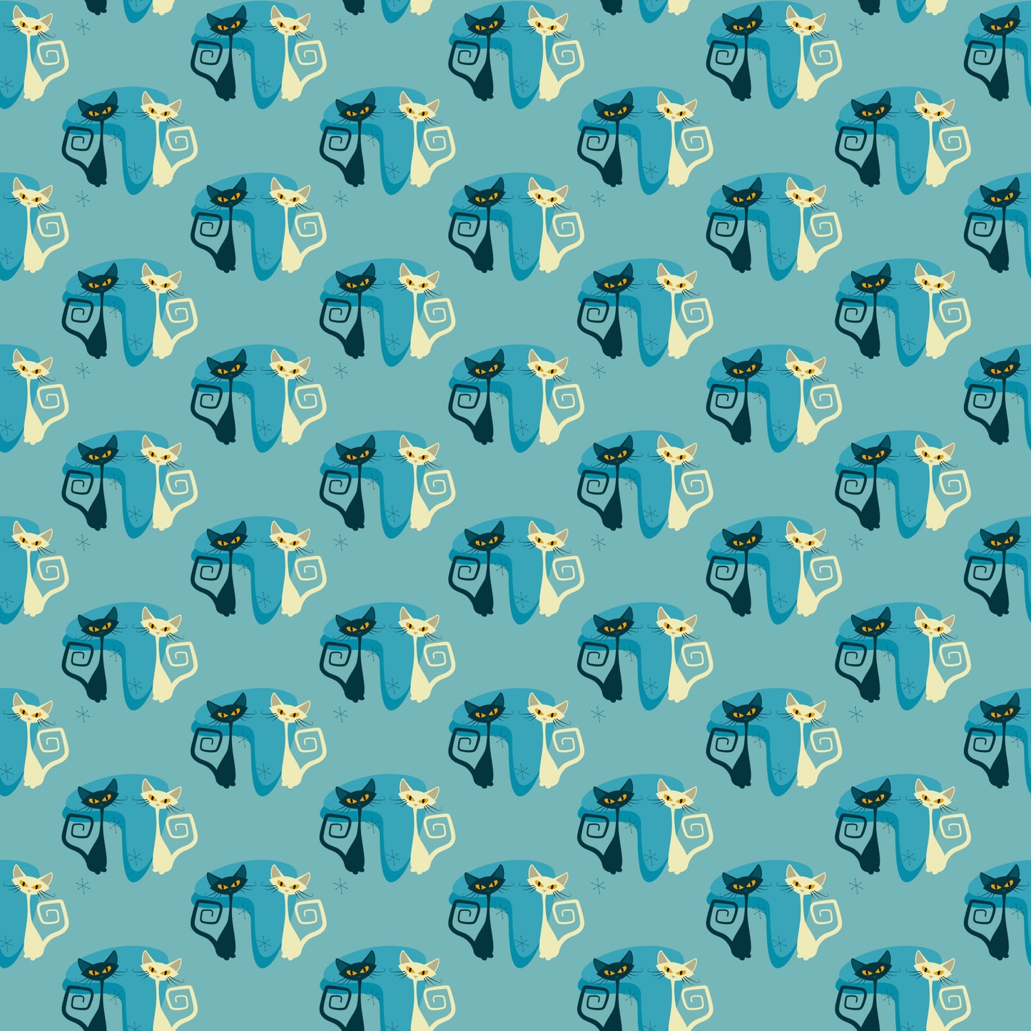 teal, cream, navy blue, atomic cats, mid-century modern, geometric spirals, stylized felines, retro design, quilting cotton, fabric panel, repeating pattern, minimalist cats, vintage inspired, turquoise background, abstract cat silhouettes, decorative swirls, atomic age style, coordinating colors, crafting material, sewing fabric