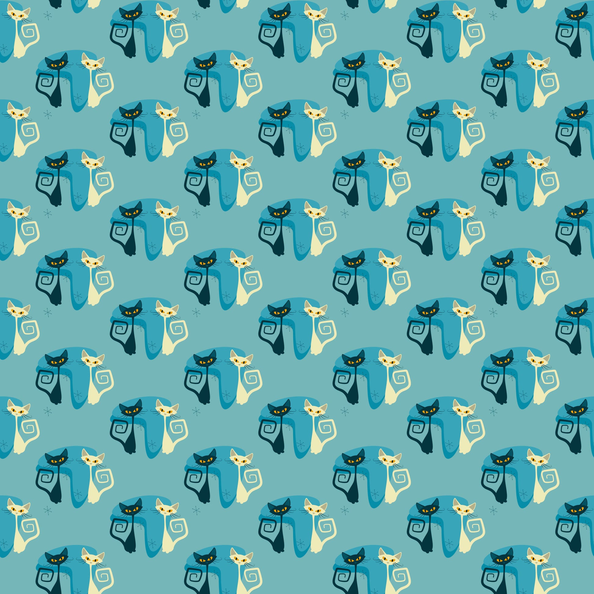 teal, cream, navy blue, atomic cats, mid-century modern, geometric spirals, stylized felines, retro design, quilting cotton, fabric panel, repeating pattern, minimalist cats, vintage inspired, turquoise background, abstract cat silhouettes, decorative swirls, atomic age style, coordinating colors, crafting material, sewing fabric