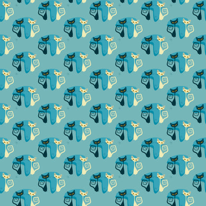 teal, cream, navy blue, atomic cats, mid-century modern, geometric spirals, stylized felines, retro design, quilting cotton, fabric panel, repeating pattern, minimalist cats, vintage inspired, turquoise background, abstract cat silhouettes, decorative swirls, atomic age style, coordinating colors, crafting material, sewing fabric