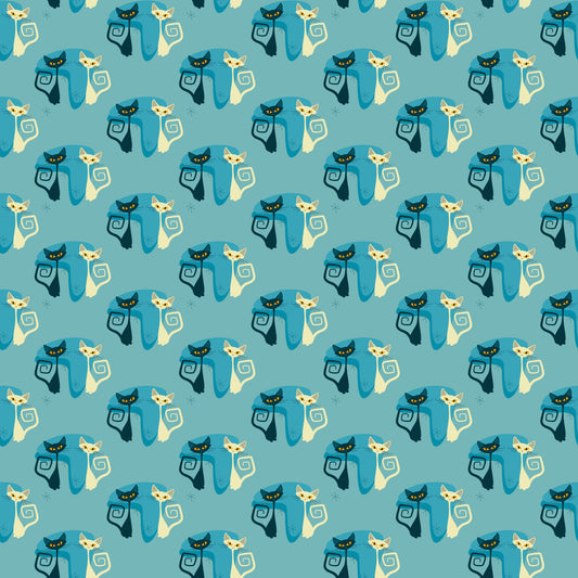 teal, cream, navy blue, atomic cats, mid-century modern, geometric spirals, stylized felines, retro design, quilting cotton, fabric panel, repeating pattern, minimalist cats, vintage inspired, turquoise background, abstract cat silhouettes, decorative swirls, atomic age style, coordinating colors, crafting material, sewing fabric