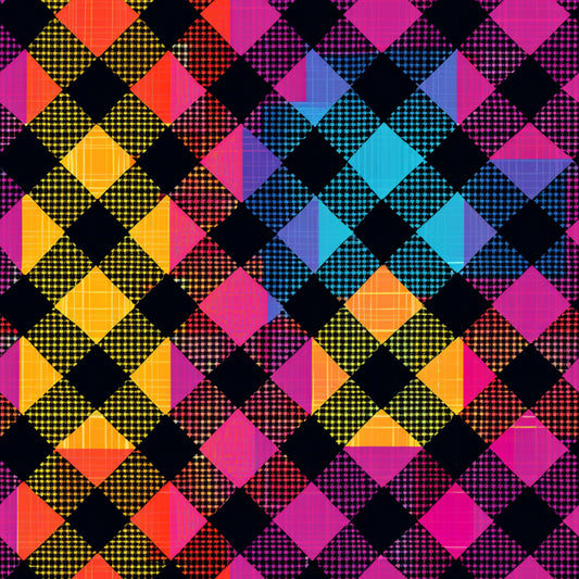 neon colors, gingham pattern, checkered design, diamond shapes, geometric pattern, bright pink, electric blue, vibrant orange, lime green, purple, yellow, quilting cotton, fabric panel, checkerboard motif, colorful squares, rainbow hues, modern pattern, contemporary design, patchwork style, crafting fabric