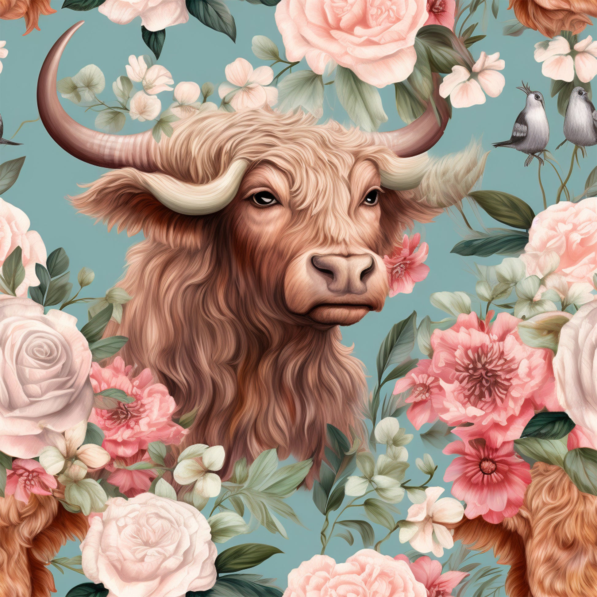 highland cow, floral pattern, vintage style, quilting cotton, fabric panel, dusty blue, blush pink, coral flowers, roses, botanical design, pastoral theme, country style, soft colors, decorative birds, whimsical art, cottage core, farm animals, horned cattle, romantic florals, nature motifs