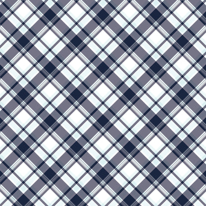 navy blue, white, gray, plaid pattern, diagonal checks, tartan design, geometric pattern, nautical theme, maritime style, quilting cotton, fabric panel, crosshatch lines, preppy aesthetic, sailing inspiration, coastal vibes, checkered motif, woven appearance, crisp lines, maritime fashion