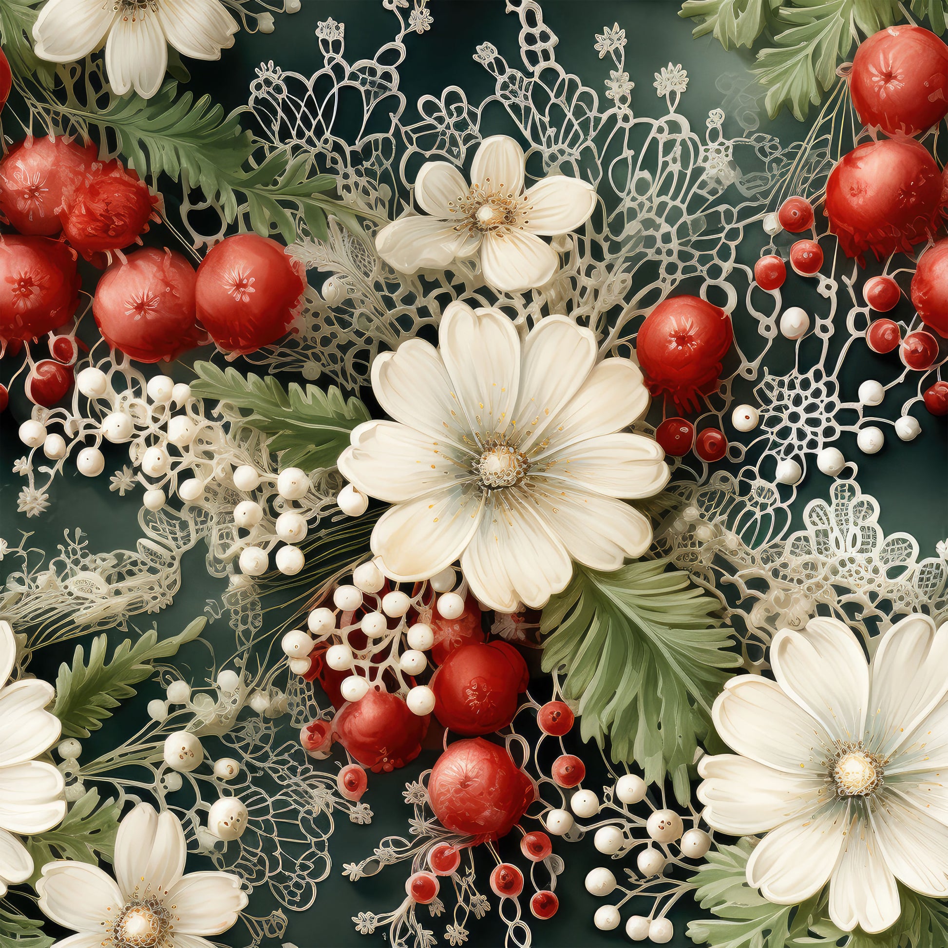 christmas florals, quilting cotton, fabric panel, white flowers, red berries, sage green, cream petals, dark green background, botanical design, holiday pattern, winter blooms, floral arrangement, delicate lace, pearl accents, festive colors, seasonal motif, cotton fabric, quilting material, christmas theme, elegant florals