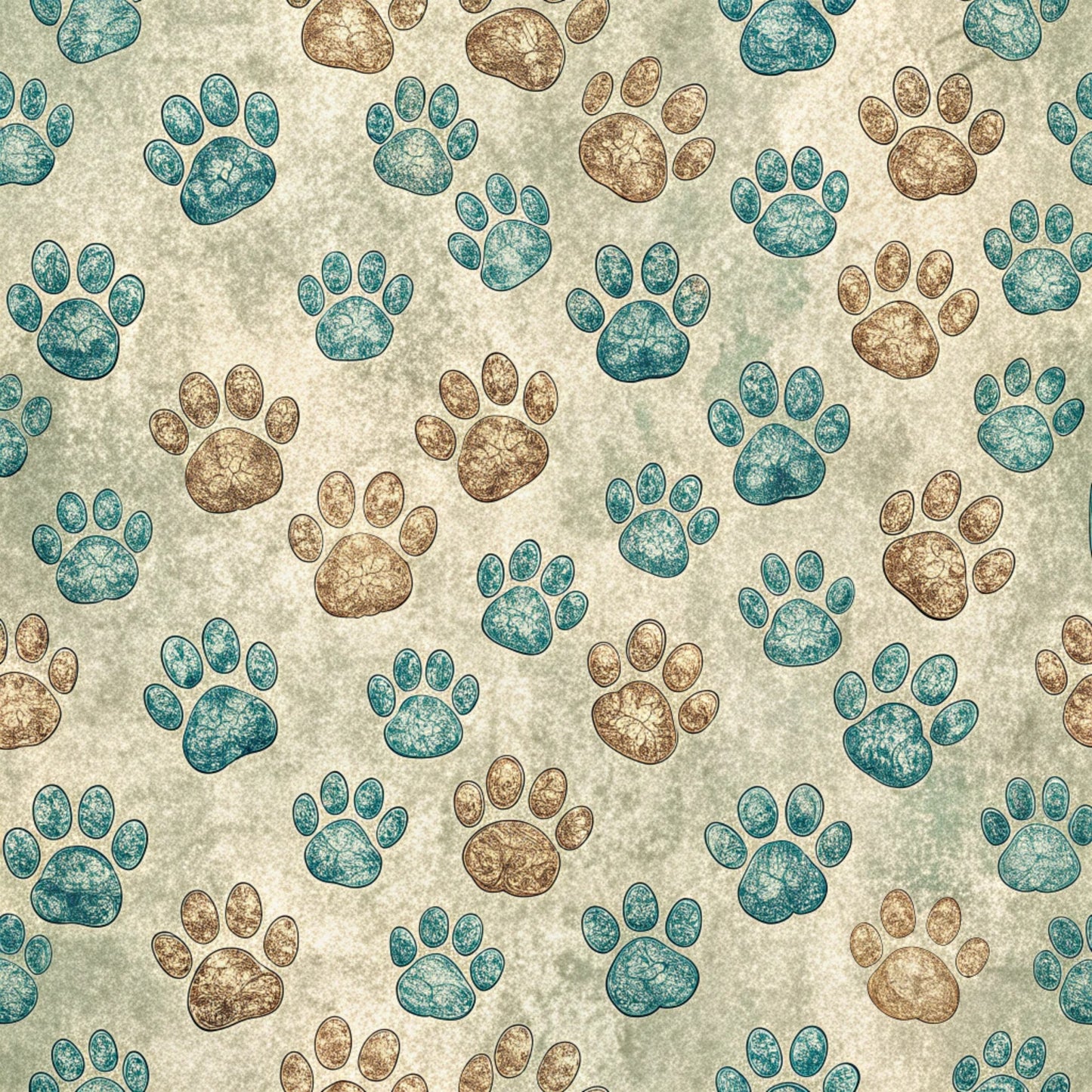 dog paws, paw prints, teal, turquoise, brown, beige, cream background, animal tracks, pet themed, scattered pattern, quilting cotton, fabric panel, distressed texture, vintage style, crackled finish, alternating colors, random placement, canine motif, crafting material, sewing fabric