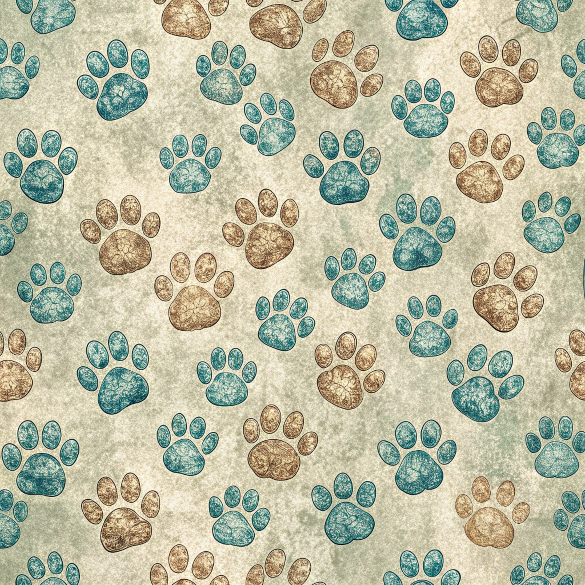 dog paws, paw prints, teal, turquoise, brown, beige, cream background, animal tracks, pet themed, scattered pattern, quilting cotton, fabric panel, distressed texture, vintage style, crackled finish, alternating colors, random placement, canine motif, crafting material, sewing fabric