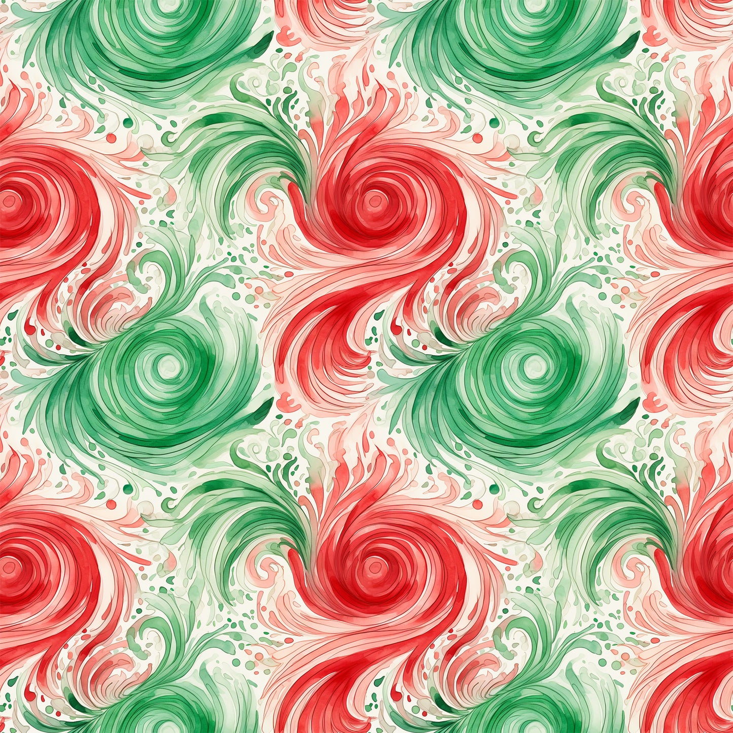 watercolor, christmas swirls, red, green, cream, spiral patterns, flowing design, holiday fabric, quilting cotton, fabric panel, festive colors, circular motifs, whimsical swirls, seasonal pattern, abstract design, coral pink, sage green, decorative swirls, winter theme, holiday crafting