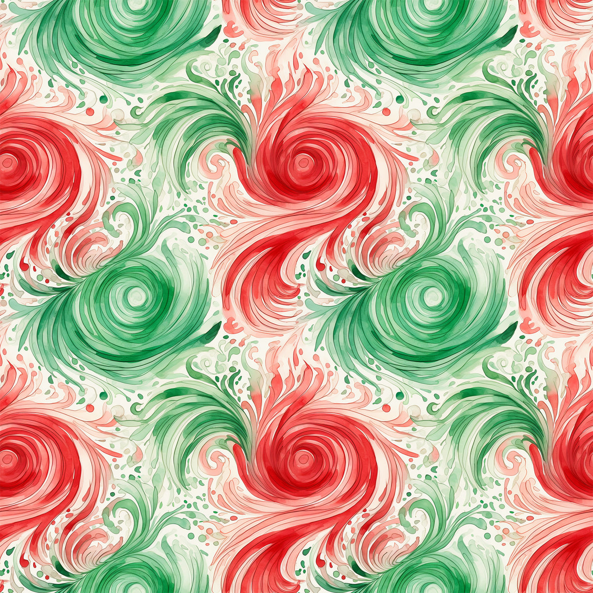 watercolor, christmas swirls, red, green, cream, spiral patterns, flowing design, holiday fabric, quilting cotton, fabric panel, festive colors, circular motifs, whimsical swirls, seasonal pattern, abstract design, coral pink, sage green, decorative swirls, winter theme, holiday crafting