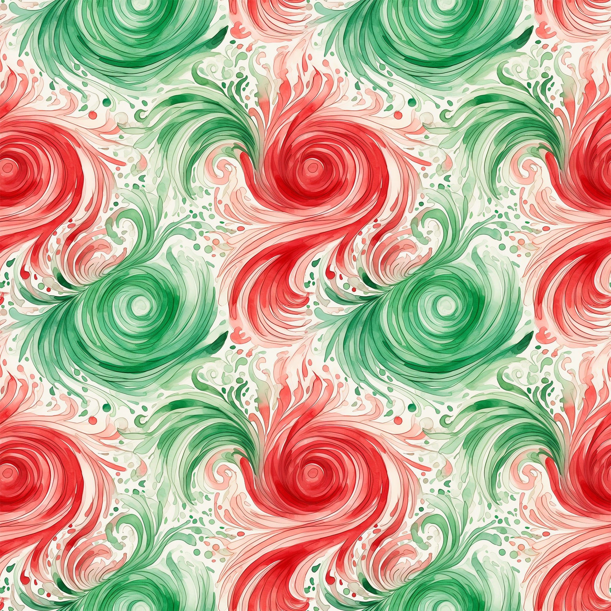 watercolor, christmas swirls, red, green, cream, spiral patterns, flowing design, holiday fabric, quilting cotton, fabric panel, festive colors, circular motifs, whimsical swirls, seasonal pattern, abstract design, coral pink, sage green, decorative swirls, winter theme, holiday crafting