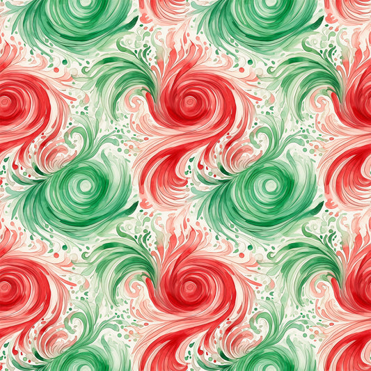 watercolor, christmas swirls, red, green, cream, spiral patterns, flowing design, holiday fabric, quilting cotton, fabric panel, festive colors, circular motifs, whimsical swirls, seasonal pattern, abstract design, coral pink, sage green, decorative swirls, winter theme, holiday crafting