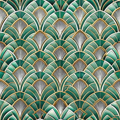 emerald green, gold accents, art deco, fan pattern, geometric design, scalloped motifs, repeating pattern, luxurious, vintage style, quilting cotton, fabric panel, radiating lines, ornamental, sophisticated, 1920s inspired, decorative arches, metallic highlights, elegant motifs