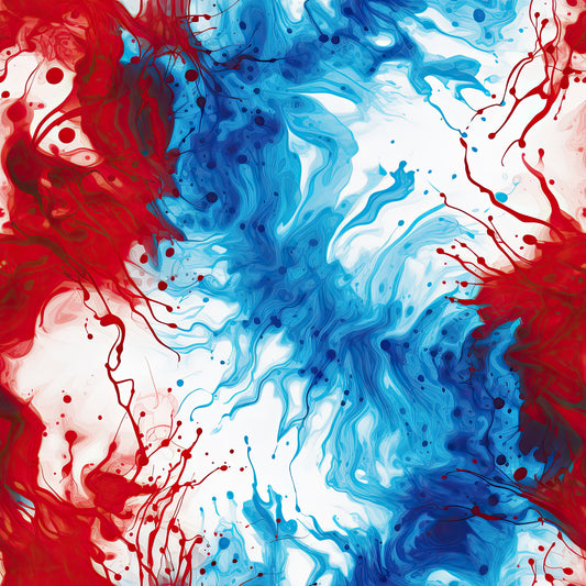 red, white, blue, tie-dye, swirled pattern, marbled effect, patriotic colors, abstract design, flowing lines, paint splashes, organic swirls, fluid art, cotton fabric, quilting panel, americana theme, dynamic movement, color blending, artistic swirls, paint drops, patriotic fabric