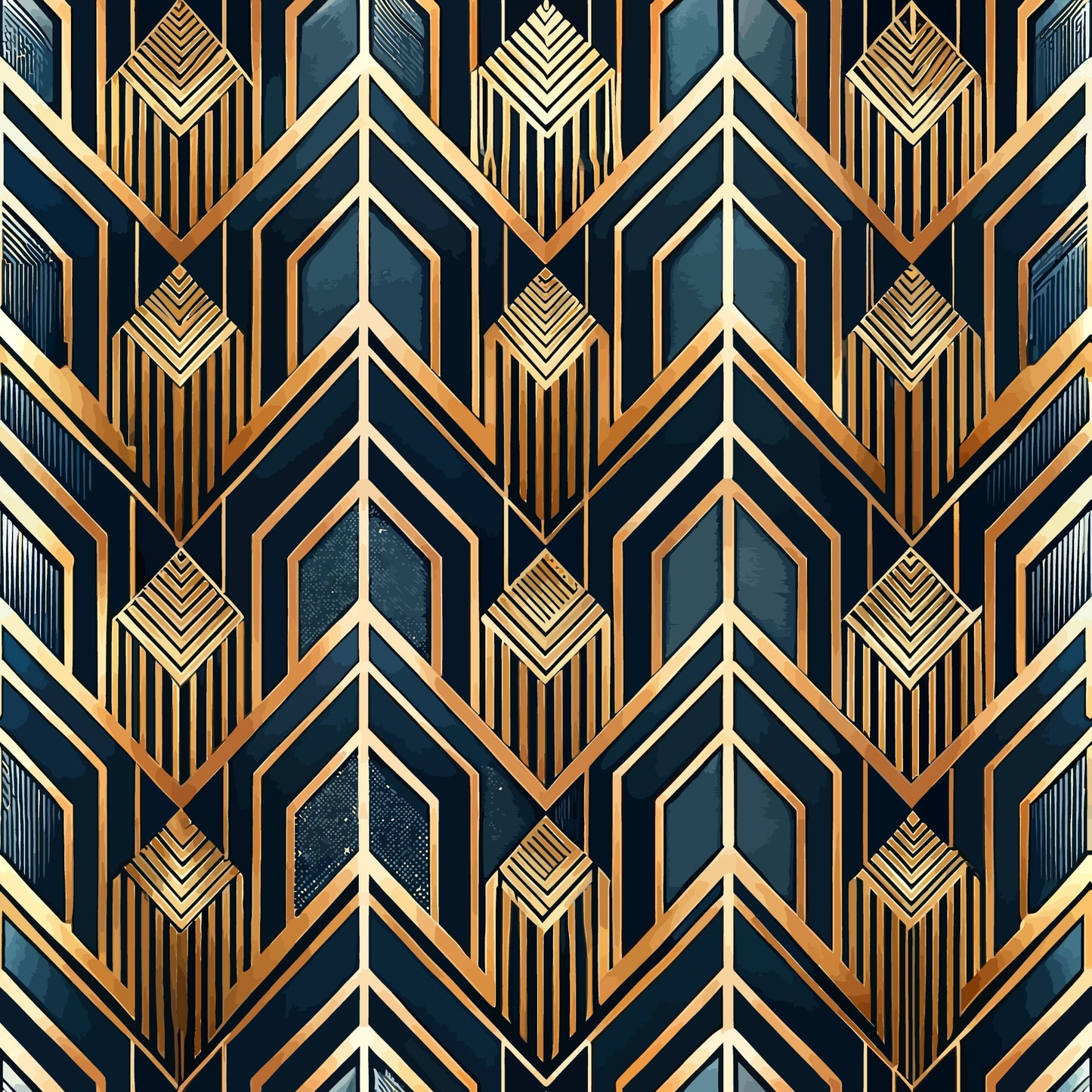 art deco, geometric pattern, navy blue, gold, copper, bronze, chevron design, arrow motifs, diamond shapes, striped details, angular lines, vintage style, luxurious, metallic accents, repetitive pattern, architectural inspired, quilting cotton, fabric panel, sophisticated, 1920s style