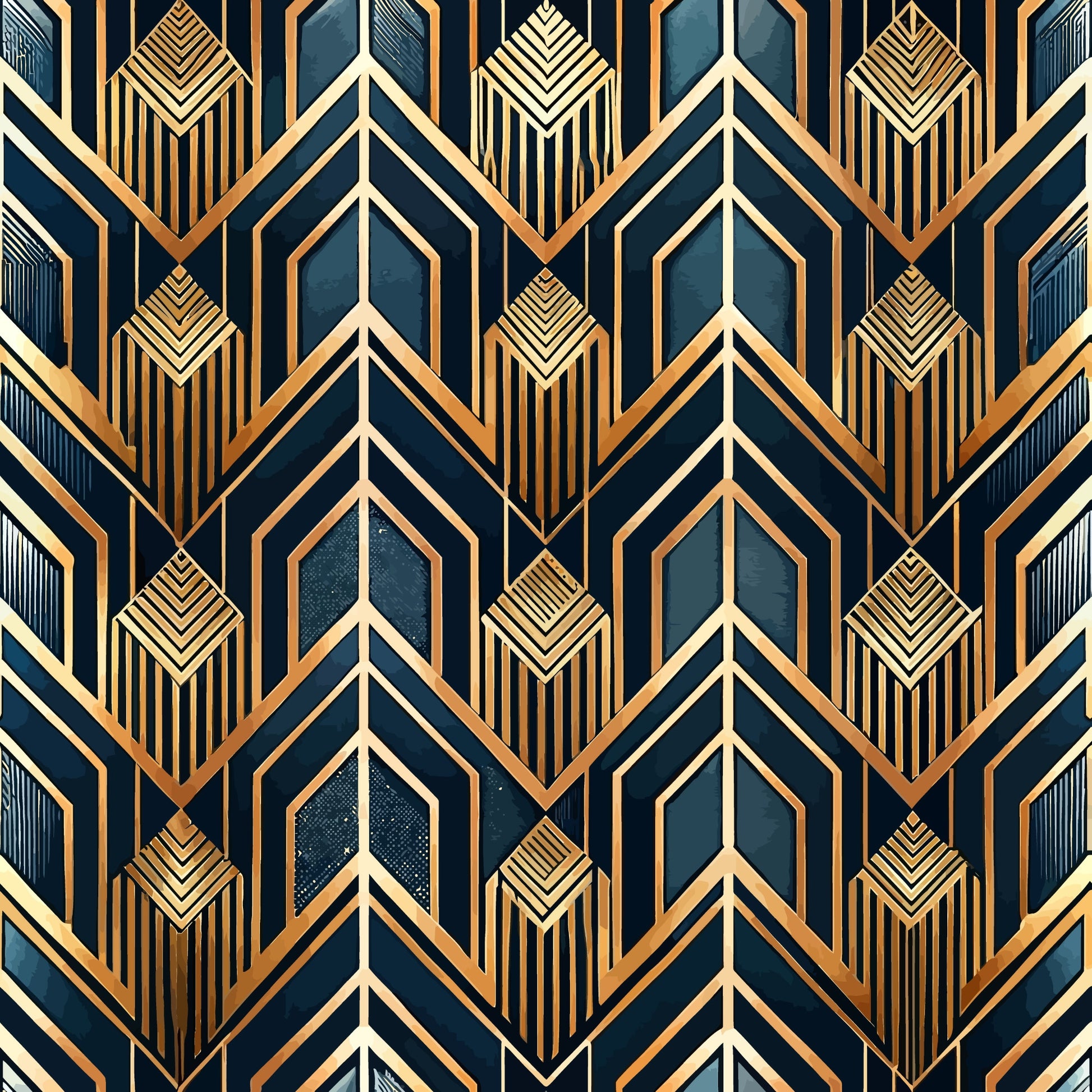 art deco, geometric pattern, navy blue, gold, copper, bronze, chevron design, arrow motifs, diamond shapes, striped details, angular lines, vintage style, luxurious, metallic accents, repetitive pattern, architectural inspired, quilting cotton, fabric panel, sophisticated, 1920s style