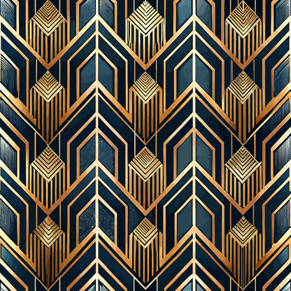 art deco, geometric pattern, navy blue, gold, copper, bronze, chevron design, arrow motifs, diamond shapes, striped details, angular lines, vintage style, luxurious, metallic accents, repetitive pattern, architectural inspired, quilting cotton, fabric panel, sophisticated, 1920s style