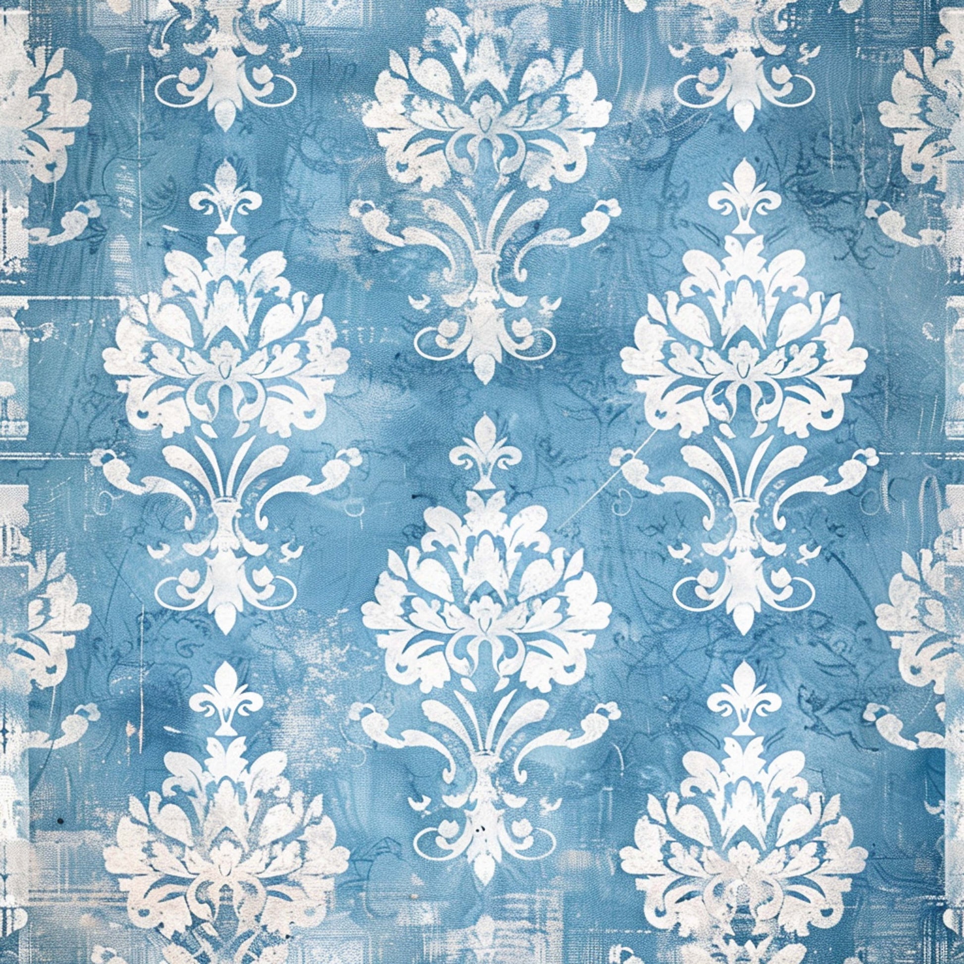 blue, white, vintage, farmhouse, damask pattern, ornate scrollwork, fleur-de-lis, baroque motifs, weathered texture, distressed finish, quilting cotton, fabric panel, decorative flourishes, symmetrical design, french country, shabby chic, antique style, ornamental elements