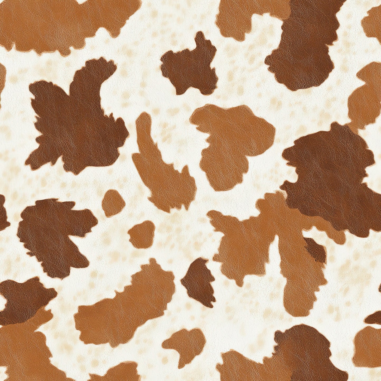 cow print, cowhide pattern, brown spots, cream background, tan patches, irregular shapes, animal print, western theme, ranching motif, livestock pattern, natural markings, organic shapes, rustic style, farmhouse aesthetic, quilting cotton, fabric panel, country decor, bovine design, mottled texture, earthy tones