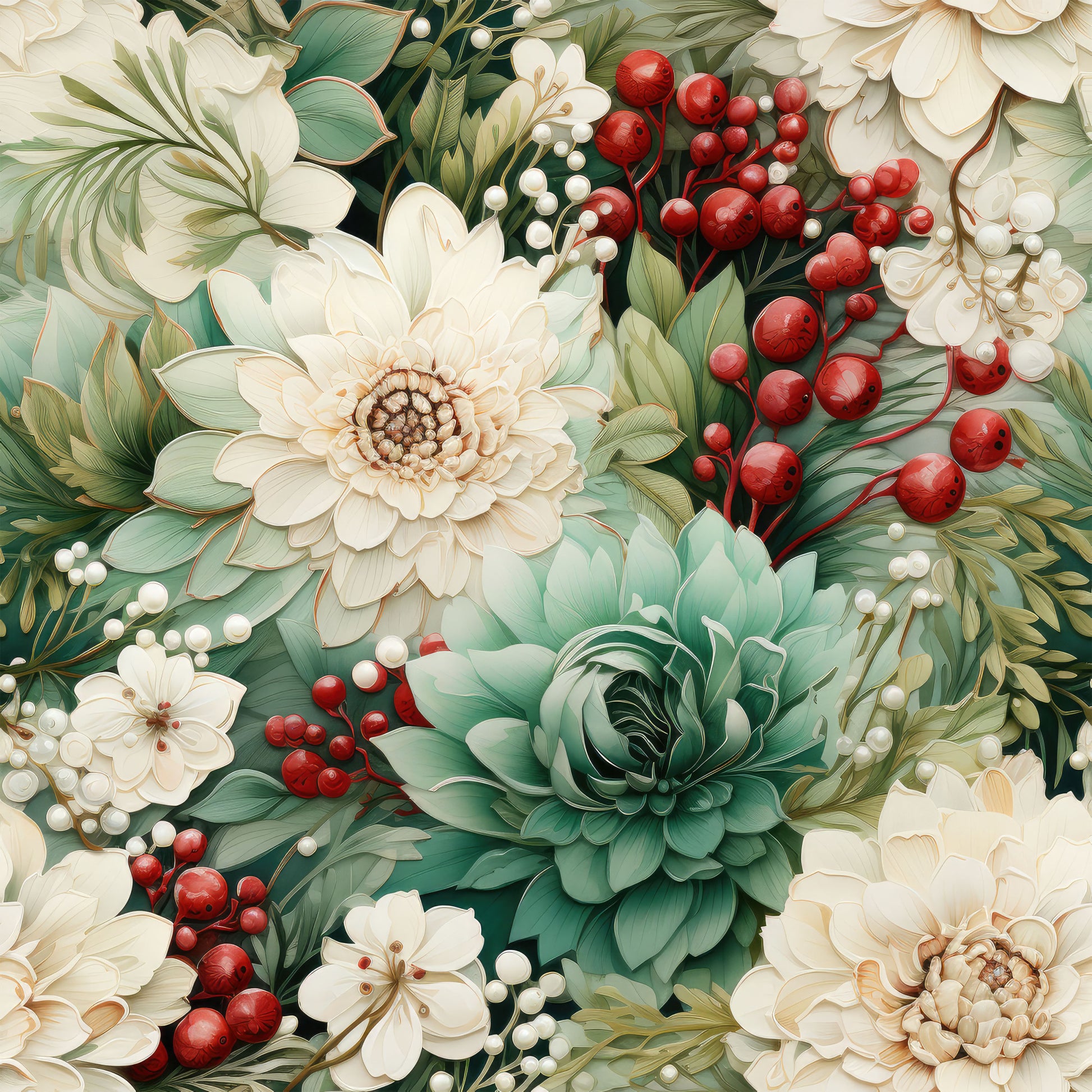 christmas florals, quilting cotton, fabric panel, cream flowers, sage green, deep red berries, white berries, botanical pattern, winter florals, holiday florals, dahlia flowers, succulent plants, pine foliage, festive colors, detailed illustration, realistic style, floral arrangement, christmas botanicals, cotton fabric, quilting material