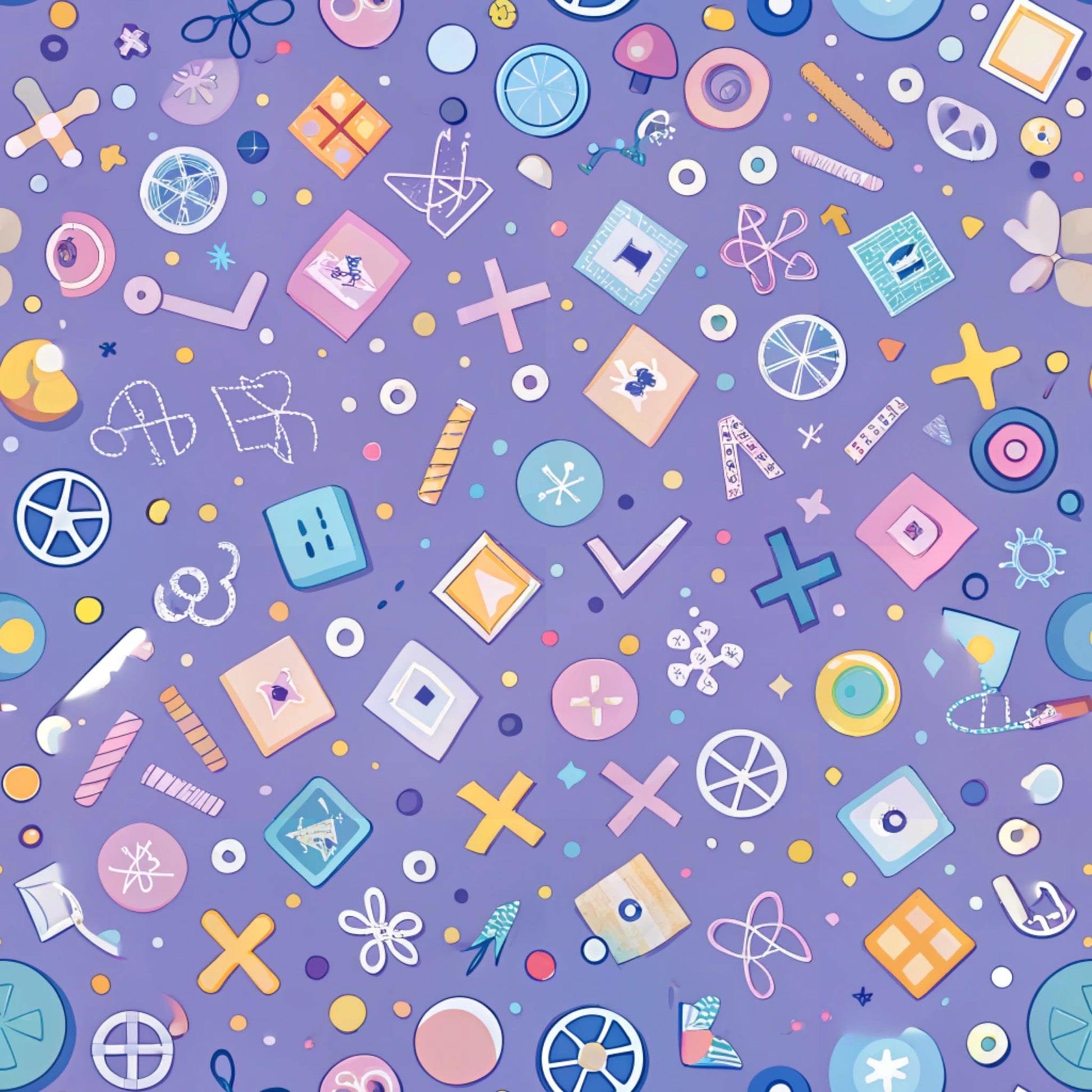 purple background, geometric shapes, school supplies, circles, squares, crosses, rulers, scissors, compass tools, math symbols, pastel colors, pink accents, blue elements, yellow highlights, educational theme, scattered pattern, quilting cotton, fabric panel, back to school, academic motifs, geometric design, school icons, learning tools