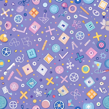 purple background, geometric shapes, school supplies, circles, squares, crosses, rulers, scissors, compass tools, math symbols, pastel colors, pink accents, blue elements, yellow highlights, educational theme, scattered pattern, quilting cotton, fabric panel, back to school, academic motifs, geometric design, school icons, learning tools