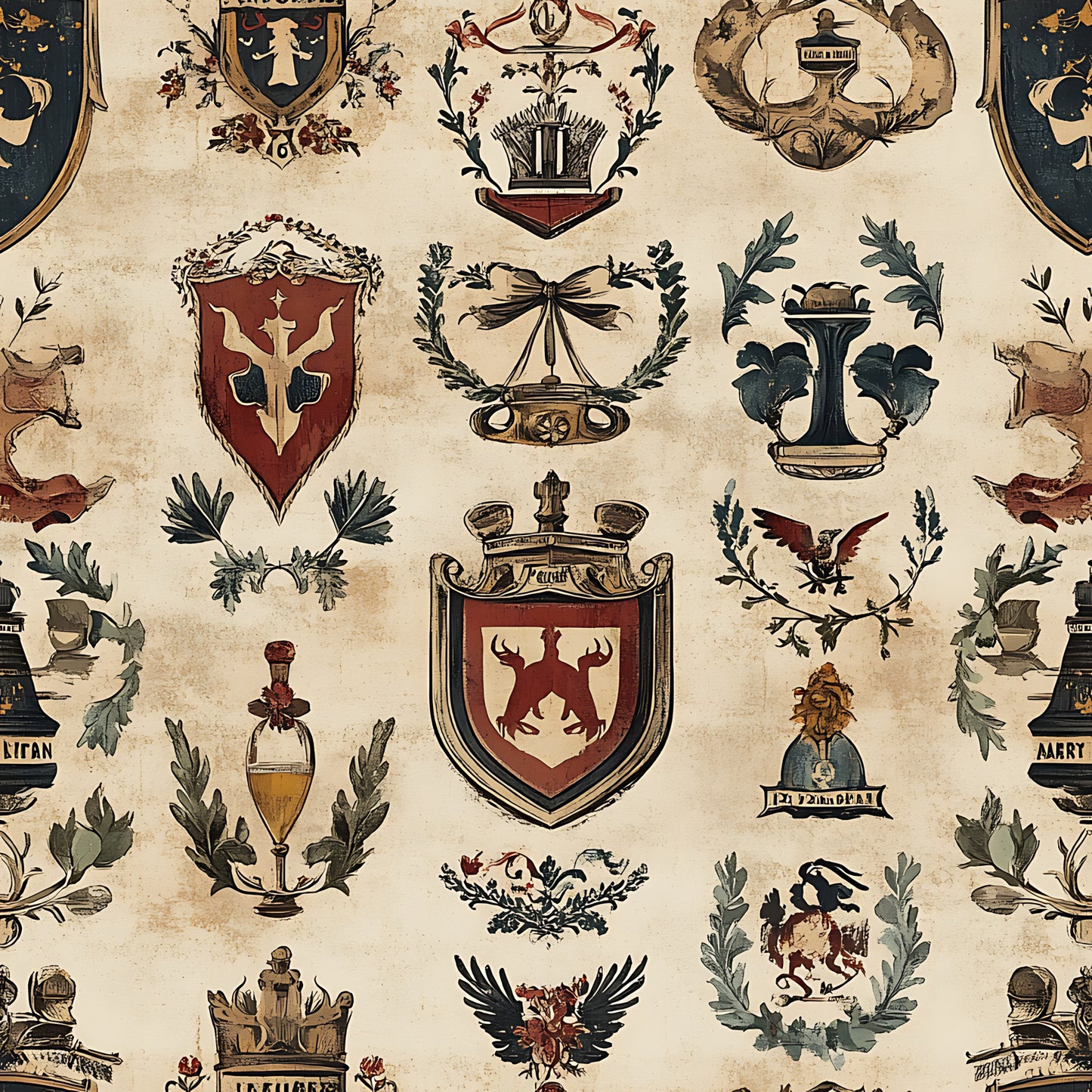 beige, cream, burgundy, dark green, gold accents, heraldic shields, coat of arms, eagles, crowns, laurel wreaths, medieval crests, german motifs, rustic style, vintage look, quilting cotton, fabric panel, repeating pattern, ornate details, patriotic symbols, decorative banners
