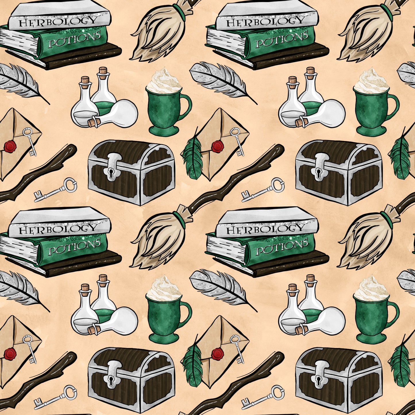 wizard, magic school, herbology books, potions, treasure chest, broomstick, feathers, keys, letters, green mugs, bottles, beige background, fantasy theme, quilting cotton, fabric panel, magical items, school supplies, witchcraft, enchanted objects, repeating pattern