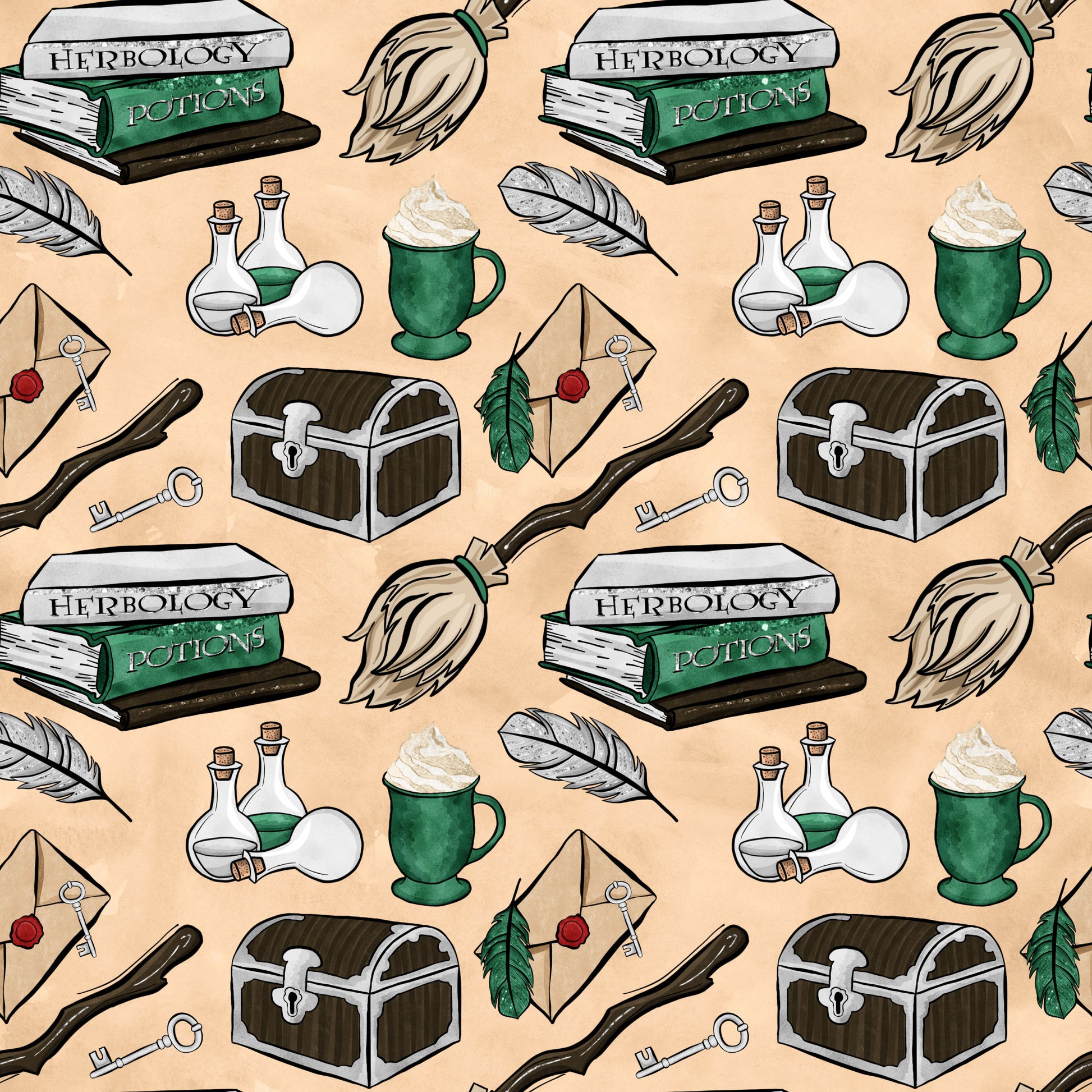 wizard, magic school, herbology books, potions, treasure chest, broomstick, feathers, keys, letters, green mugs, bottles, beige background, fantasy theme, quilting cotton, fabric panel, magical items, school supplies, witchcraft, enchanted objects, repeating pattern