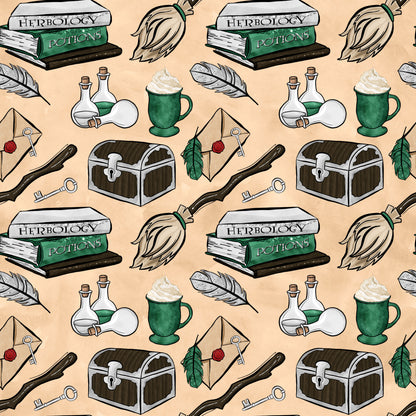 wizard, magic school, herbology books, potions, treasure chest, broomstick, feathers, keys, letters, green mugs, bottles, beige background, fantasy theme, quilting cotton, fabric panel, magical items, school supplies, witchcraft, enchanted objects, repeating pattern
