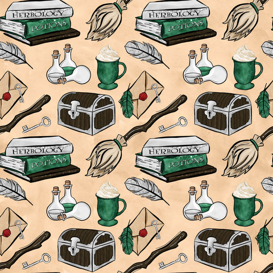 wizard, magic school, herbology books, potions, treasure chest, broomstick, feathers, keys, letters, green mugs, bottles, beige background, fantasy theme, quilting cotton, fabric panel, magical items, school supplies, witchcraft, enchanted objects, repeating pattern
