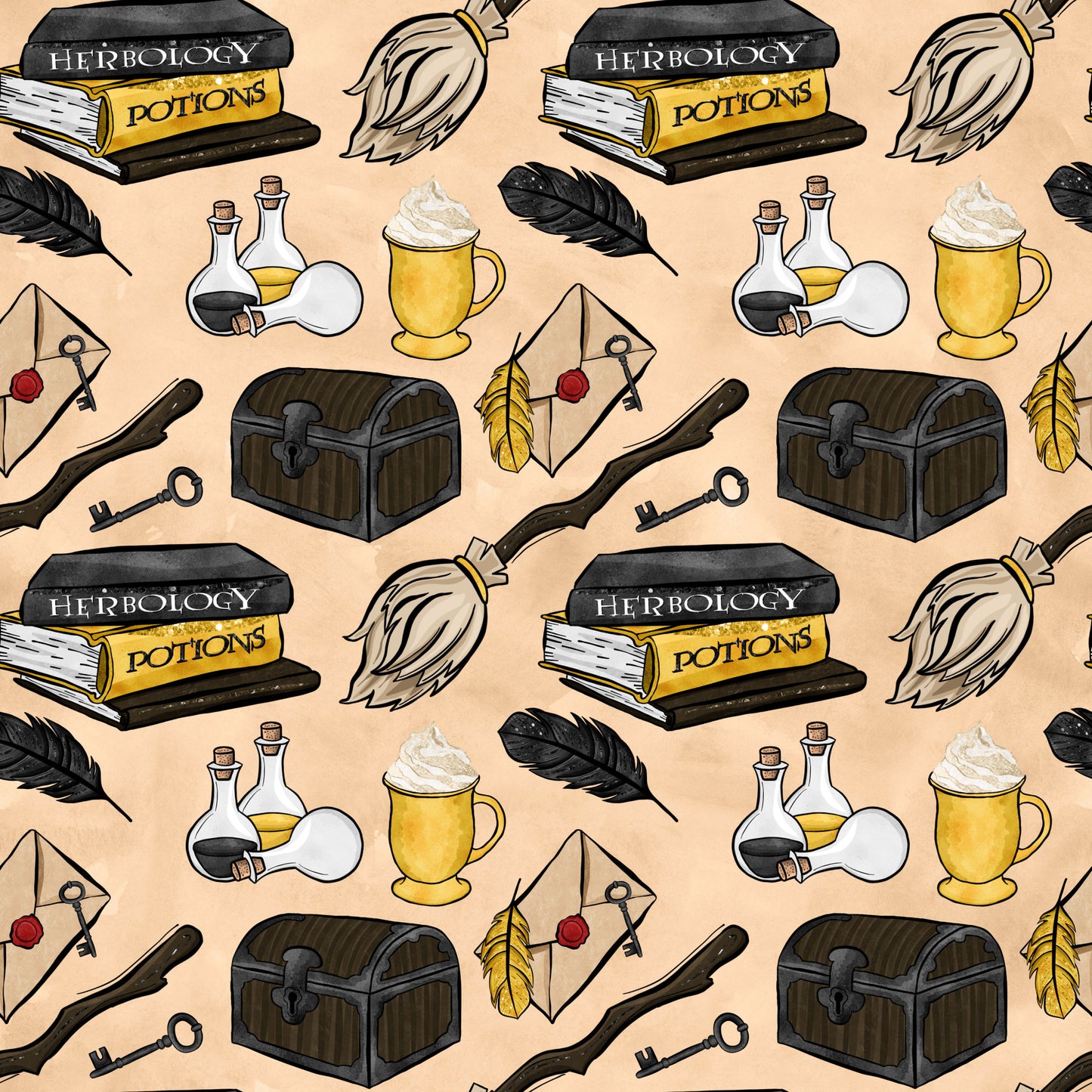 wizard, magical, school, herbology books, potions, broomstick, treasure chest, quill feather, magic wand, spell bottles, butterbeer mug, envelope letter, skeleton key, black feathers, beige background, fantasy theme, quilting cotton, fabric panel, witchcraft elements, magical supplies
