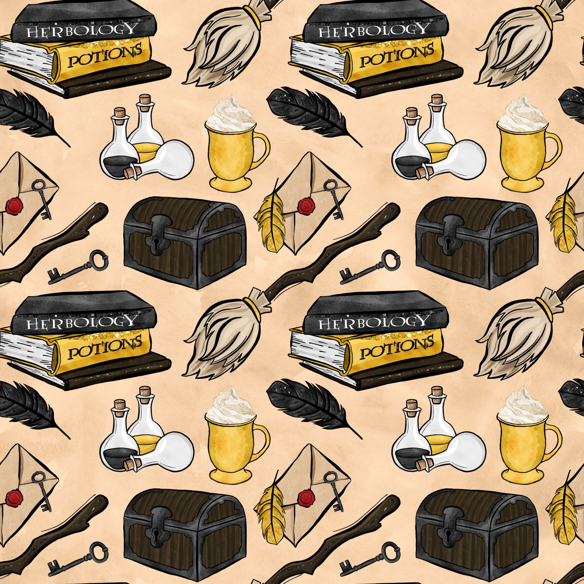 wizard, magical, school, herbology books, potions, broomstick, treasure chest, quill feather, magic wand, spell bottles, butterbeer mug, envelope letter, skeleton key, black feathers, beige background, fantasy theme, quilting cotton, fabric panel, witchcraft elements, magical supplies