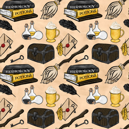 wizard, magical, school, herbology books, potions, broomstick, treasure chest, quill feather, magic wand, spell bottles, butterbeer mug, envelope letter, skeleton key, black feathers, beige background, fantasy theme, quilting cotton, fabric panel, witchcraft elements, magical supplies