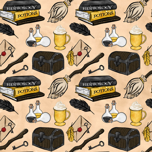 wizard, magical, school, herbology books, potions, broomstick, treasure chest, quill feather, magic wand, spell bottles, butterbeer mug, envelope letter, skeleton key, black feathers, beige background, fantasy theme, quilting cotton, fabric panel, witchcraft elements, magical supplies