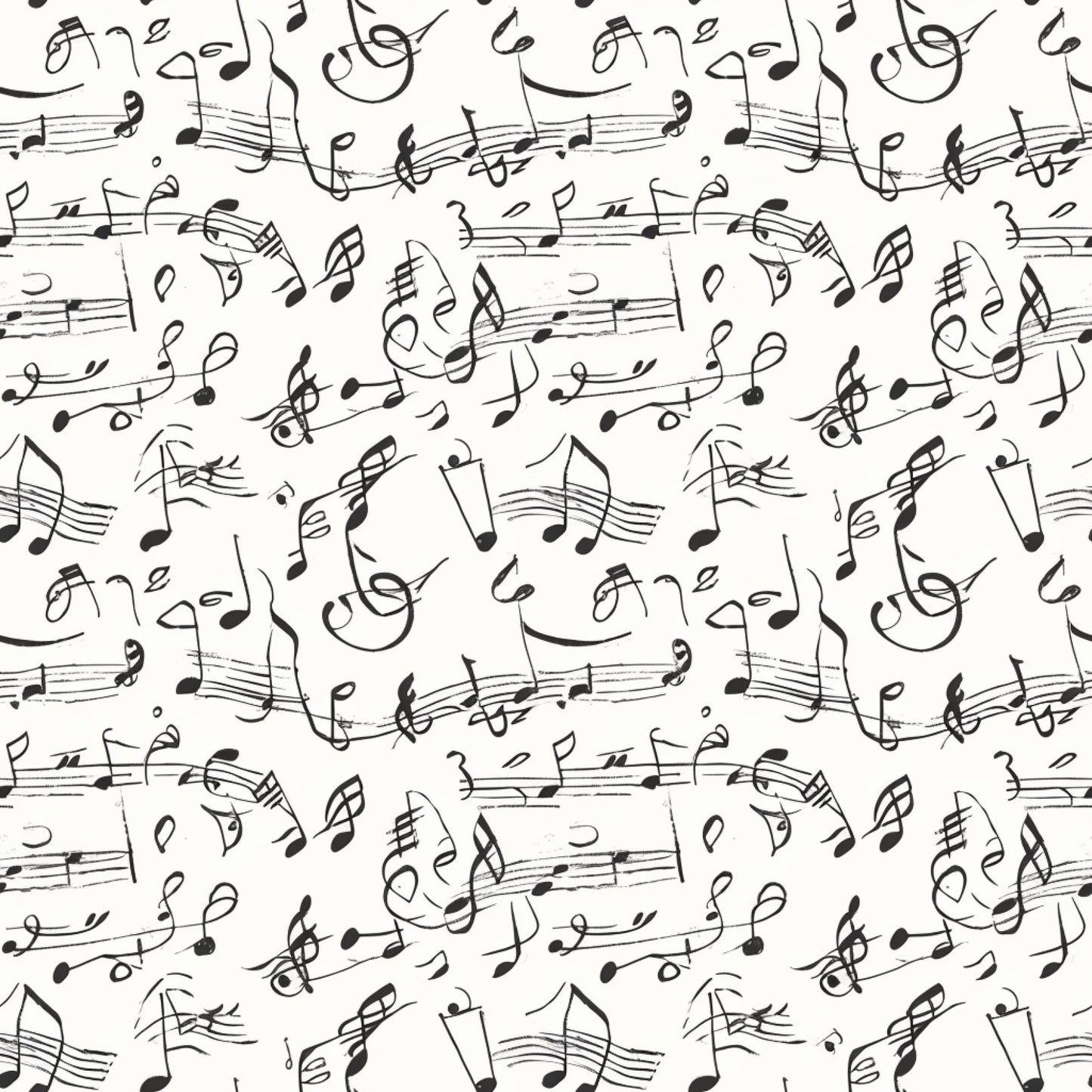 black and white, musical notes, sheet music, treble clef, staff lines, handwritten style, repeating pattern, monochrome, quilting cotton, fabric panel, music theme, flowing design, artistic notation, seamless repeat, craft fabric, sewing material, contemporary pattern, musical symbols, cotton fabric, quilter's cotton