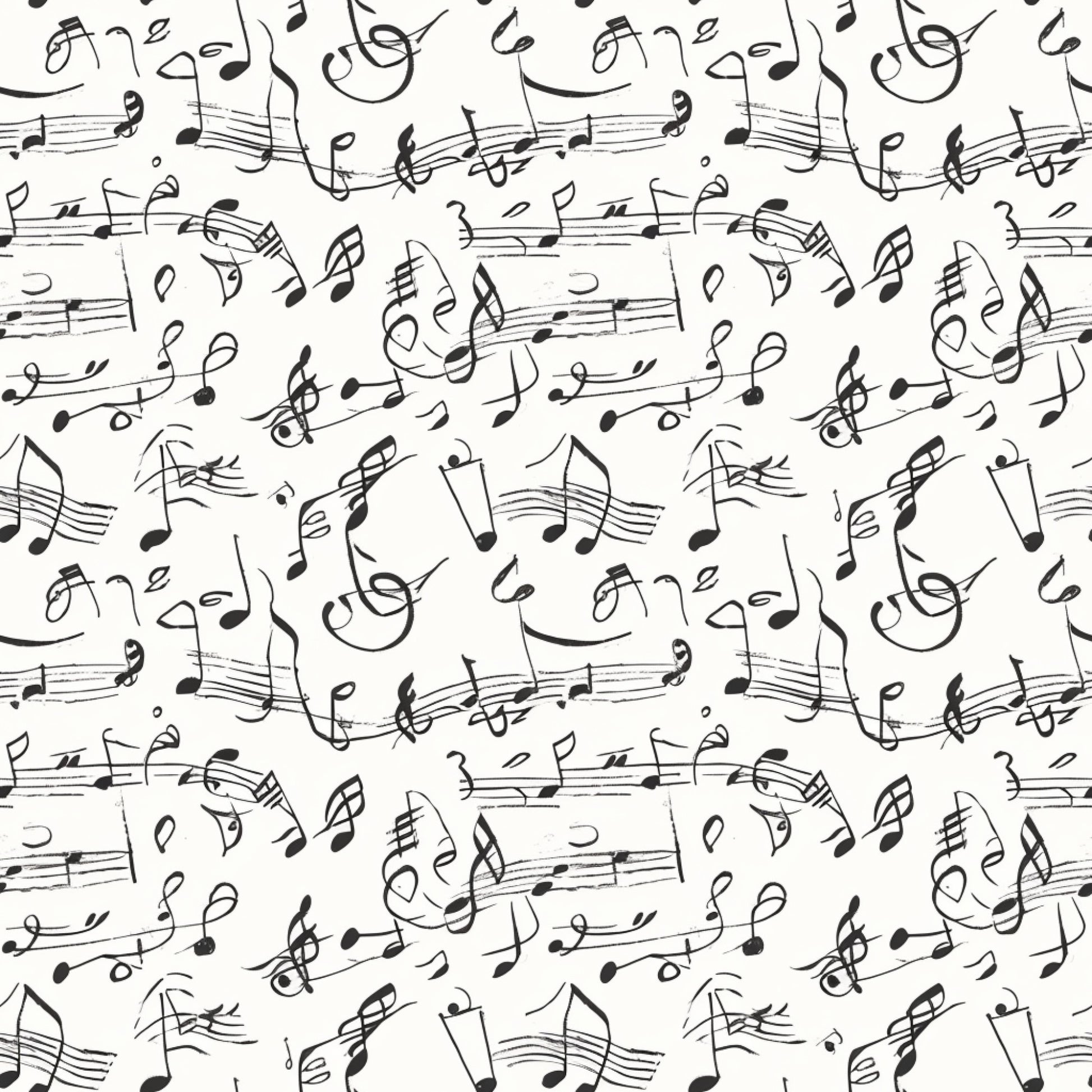 black and white, musical notes, sheet music, treble clef, staff lines, handwritten style, repeating pattern, monochrome, quilting cotton, fabric panel, music theme, flowing design, artistic notation, seamless repeat, craft fabric, sewing material, contemporary pattern, musical symbols, cotton fabric, quilter's cotton
