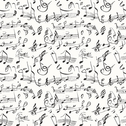 black and white, musical notes, sheet music, treble clef, staff lines, handwritten style, repeating pattern, monochrome, quilting cotton, fabric panel, music theme, flowing design, artistic notation, seamless repeat, craft fabric, sewing material, contemporary pattern, musical symbols, cotton fabric, quilter's cotton