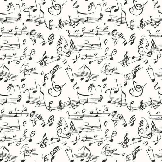 black and white, musical notes, sheet music, treble clef, staff lines, handwritten style, repeating pattern, monochrome, quilting cotton, fabric panel, music theme, flowing design, artistic notation, seamless repeat, craft fabric, sewing material, contemporary pattern, musical symbols, cotton fabric, quilter's cotton