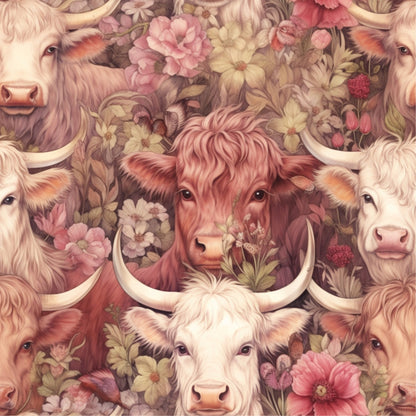 highland cows, floral pattern, pink flowers, cream colored, reddish brown, pastoral scene, bovine faces, horned cattle, botanical elements, quilting cotton, fabric panel, rustic charm, farmhouse style, nature motif, soft pastels, country living, animal print, decorative flowers, cottage core, repeating pattern
