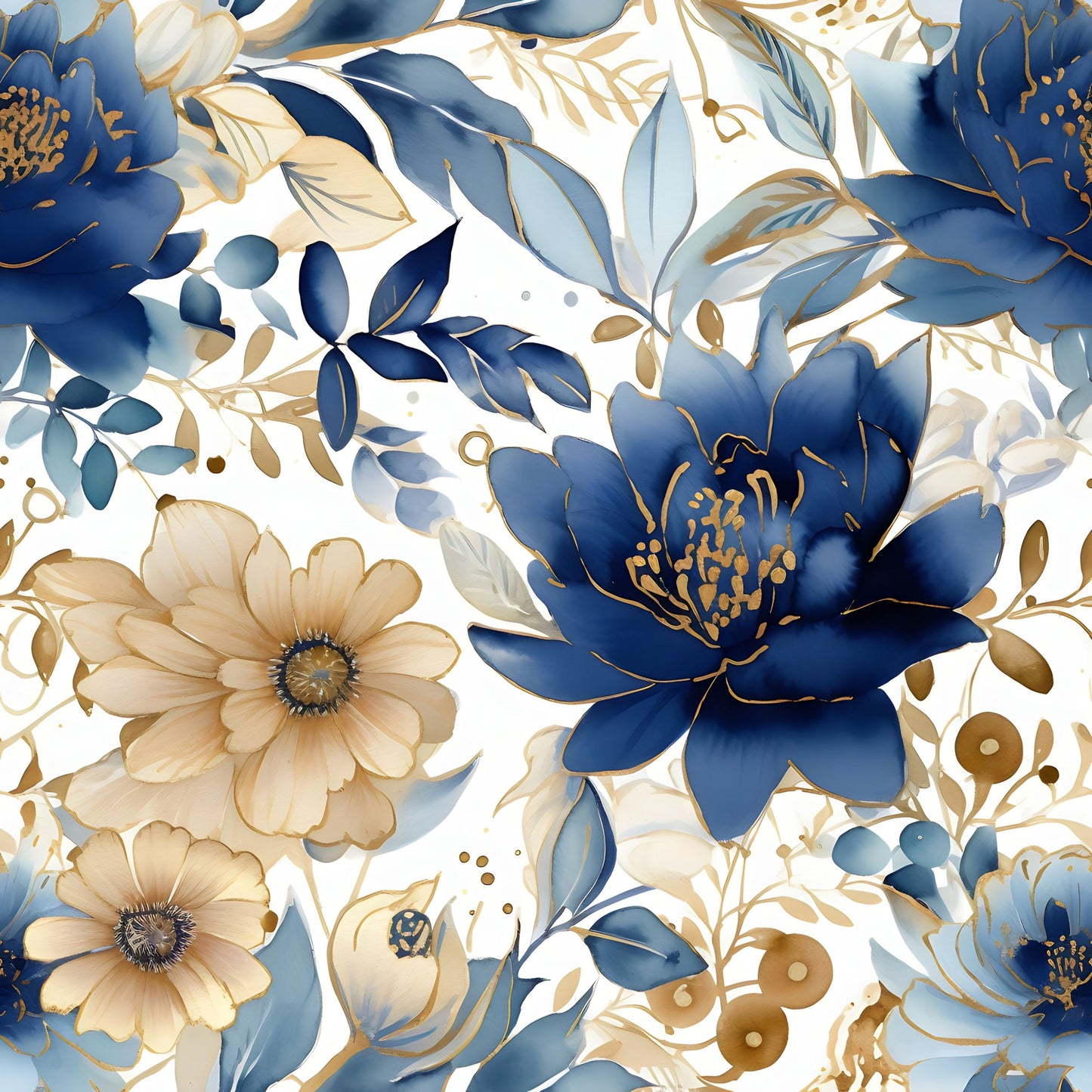 navy blue, cream, gold accents, beige, floral pattern, botanical design, large blooms, peony flowers, daisy flowers, leaves, branches, berries, quilting cotton, fabric panel, elegant style, sophisticated mood, watercolor effect, seamless repeat, nature motifs, soft tones