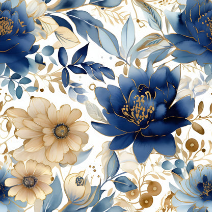 navy blue, cream, gold accents, beige, floral pattern, botanical design, large blooms, peony flowers, daisy flowers, leaves, branches, berries, quilting cotton, fabric panel, elegant style, sophisticated mood, watercolor effect, seamless repeat, nature motifs, soft tones
