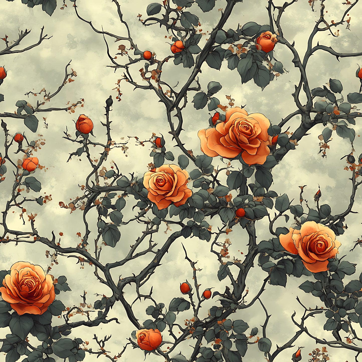 orange roses, coral flowers, thorny branches, rose buds, green leaves, cream background, botanical pattern, floral design, quilting cotton, fabric panel, vintage style, romantic mood, garden theme, climbing roses, muted tones, nature motif, delicate illustration, autumn colors, artistic rendering, repeating pattern
