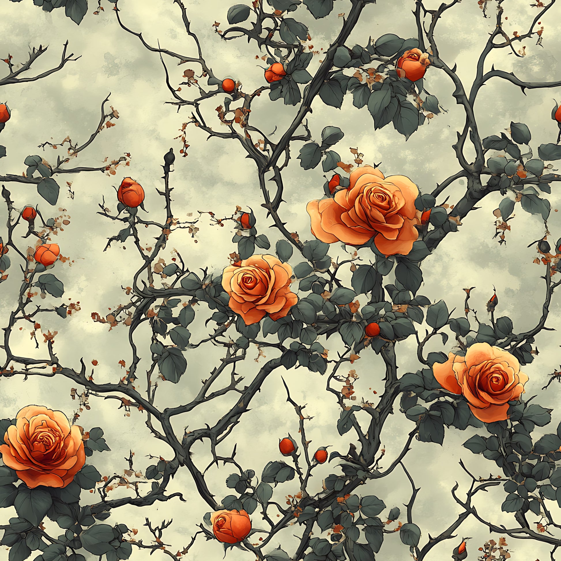 orange roses, coral flowers, thorny branches, rose buds, green leaves, cream background, botanical pattern, floral design, quilting cotton, fabric panel, vintage style, romantic mood, garden theme, climbing roses, muted tones, nature motif, delicate illustration, autumn colors, artistic rendering, repeating pattern