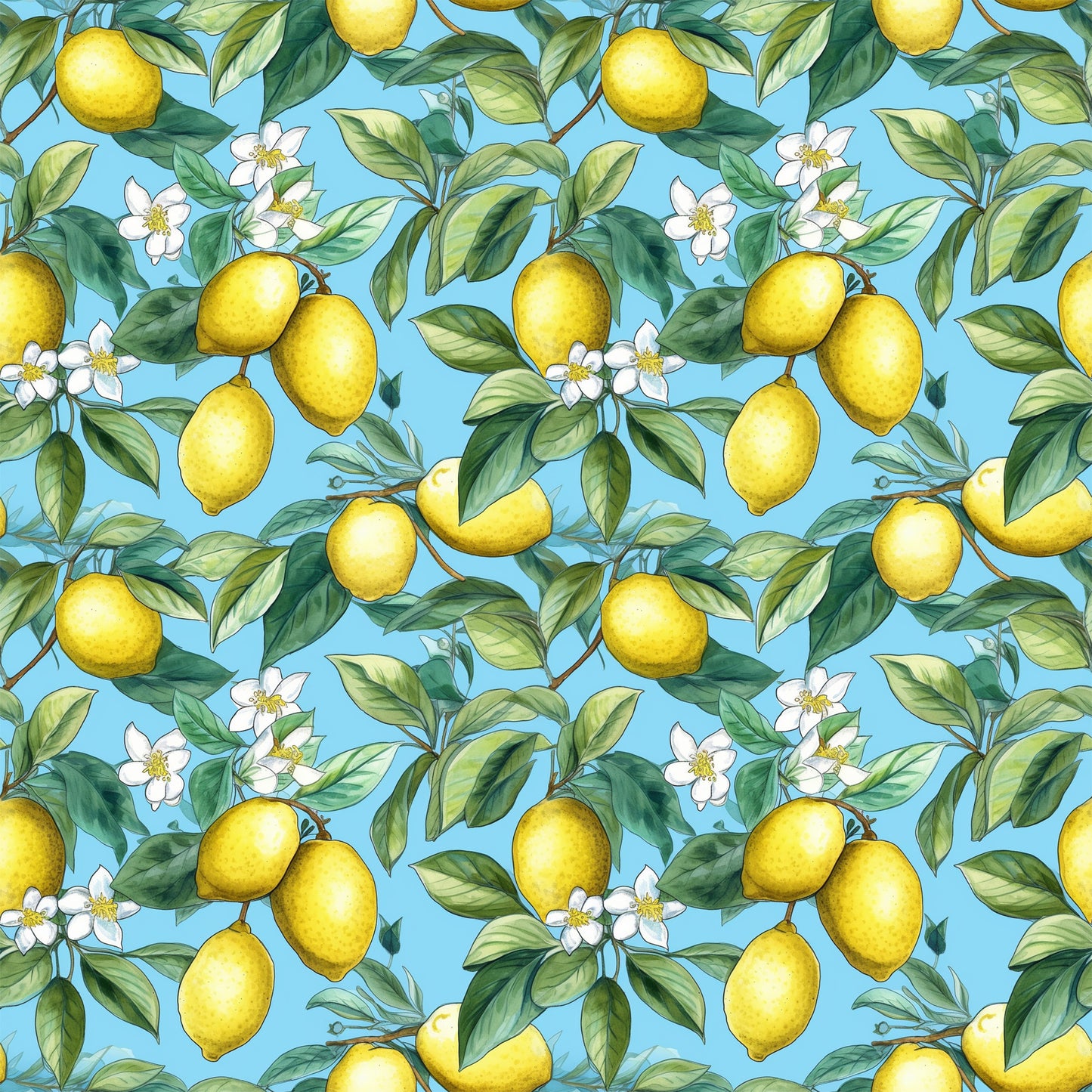 yellow lemons, bright blue background, citrus fruit, white blossoms, green leaves, botanical pattern, seamless repeat, quilting cotton, fabric panel, tropical motif, summer vibes, fresh citrus, floral elements, nature inspired, cheerful colors, fruit pattern, lemon tree branches, cottage core, kitchen themed, craft fabric