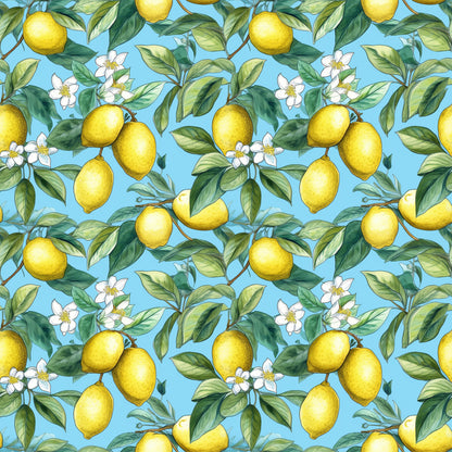 yellow lemons, bright blue background, citrus fruit, white blossoms, green leaves, botanical pattern, seamless repeat, quilting cotton, fabric panel, tropical motif, summer vibes, fresh citrus, floral elements, nature inspired, cheerful colors, fruit pattern, lemon tree branches, cottage core, kitchen themed, craft fabric