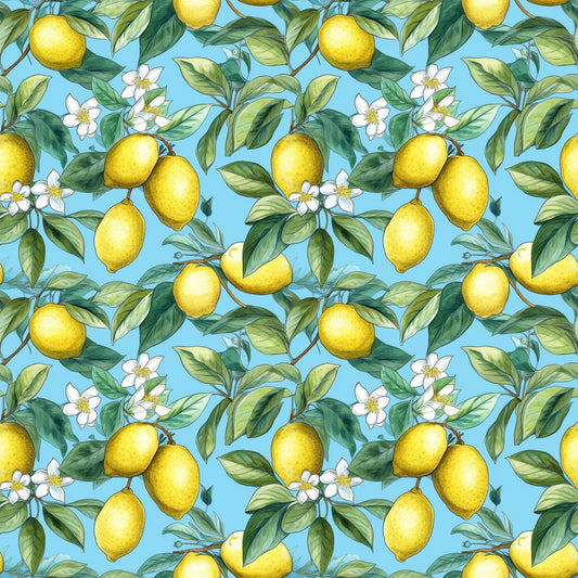 yellow lemons, bright blue background, citrus fruit, white blossoms, green leaves, botanical pattern, seamless repeat, quilting cotton, fabric panel, tropical motif, summer vibes, fresh citrus, floral elements, nature inspired, cheerful colors, fruit pattern, lemon tree branches, cottage core, kitchen themed, craft fabric