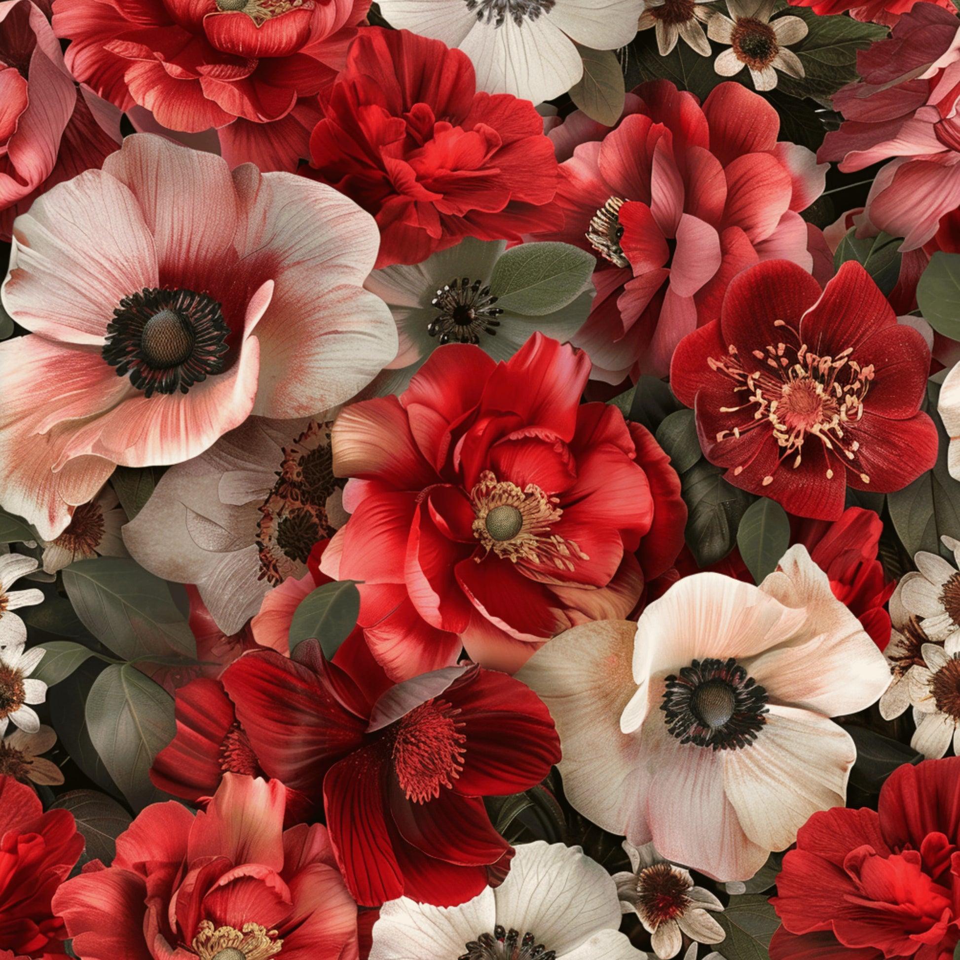 crimson red, coral pink, cream white, burgundy, sage green, realistic flowers, botanical pattern, poppies, anemones, layered petals, dark centers, stamens, floral motif, quilting cotton, fabric panel, romantic mood, dense arrangement, overlapping blooms, natural foliage, detailed illustration