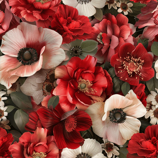 crimson red, coral pink, cream white, burgundy, sage green, realistic flowers, botanical pattern, poppies, anemones, layered petals, dark centers, stamens, floral motif, quilting cotton, fabric panel, romantic mood, dense arrangement, overlapping blooms, natural foliage, detailed illustration