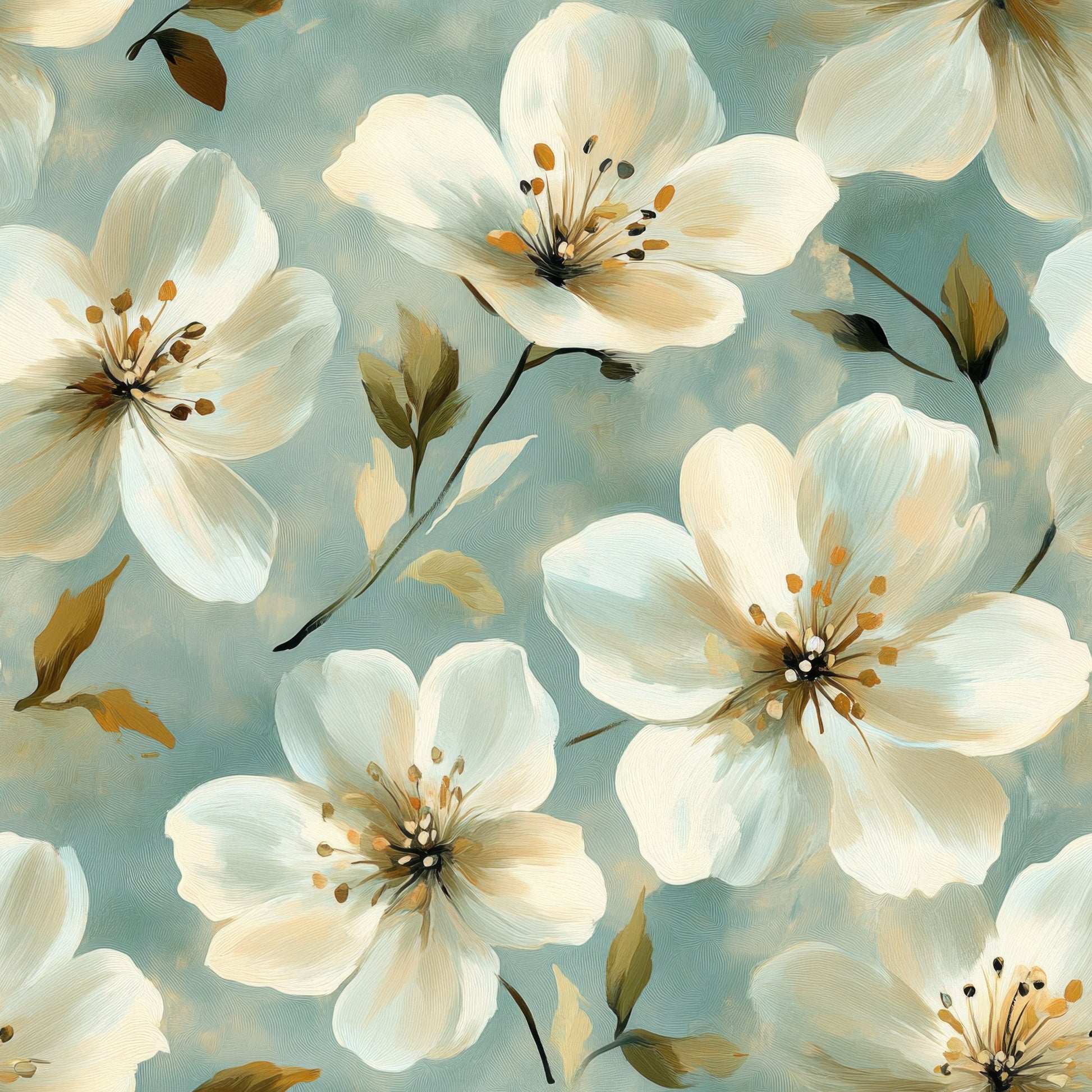 cornflower blue, sage green, cream white, golden yellow, floral pattern, blooming flowers, five-petaled blossoms, stamens, leaves, botanical design, soft pastels, watercolor style, quilting cotton, fabric panel, spring flowers, delicate petals, nature motif, gentle brushstrokes, seamless repeat, artistic florals