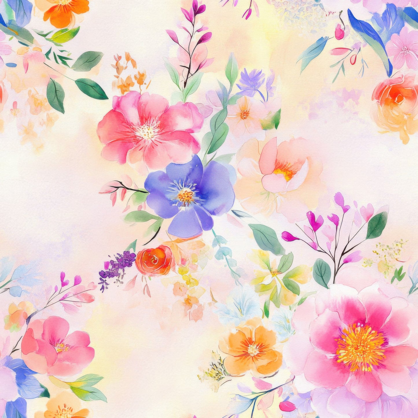watercolor flowers, pink blossoms, purple blooms, orange florals, blue petals, green leaves, floral pattern, botanical design, soft pastels, delicate brushstrokes, spring flowers, quilting cotton, fabric panel, dreamy aesthetic, feminine florals, garden blooms, artistic watercolor, cotton fabric, quilting material, nature motifs